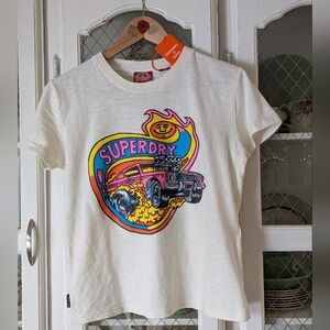 M Superdry Women's White Tee with Neon Retro Car Graphic Summer Festival